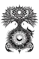 tribal design including army elements, tree of life, dna strand, goddess sun and moon in cente, dragon, hawaiian islands tattoo design idea