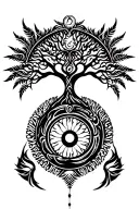tribal design including army elements, tree of life, dna strand, goddess sun and moon in cente, dragon, hawaiian islands tattoo design idea