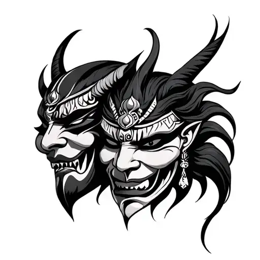 dualism kali and oni mask tattoo design idea