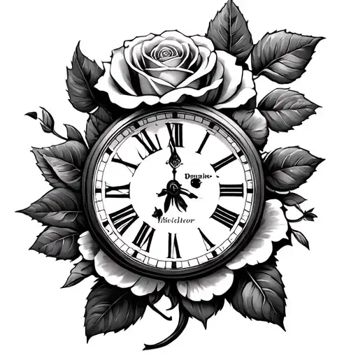 clock, rose, bible verse incorporated tattoo design idea