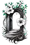 "Fine line tribal tattoo, vertical and flowing composition with a spiral base, intertwining tree branches and delicate hibiscus flowers, ethereal swirls and magical dots around an open doorway subtly hidden on the left. Black and grey ink with light shading, slight green tint on floral details. Organic, mystical, and symbolic style, designed for torso or lower back placement." tattoo design idea