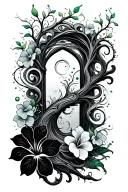 "Fine line tribal tattoo, vertical and flowing composition with a spiral base, intertwining tree branches and delicate hibiscus flowers, ethereal swirls and magical dots around an open doorway subtly hidden on the left. Black and grey ink with light shading, slight green tint on floral details. Organic, mystical, and symbolic style, designed for torso or lower back placement." tattoo design idea