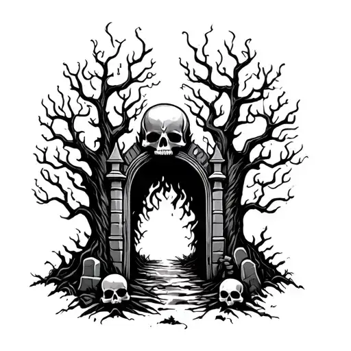 skulls, fire, graveyard, at the wrist gates entering graveyard and spooking trees tattoo design idea