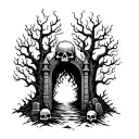 skulls, fire, graveyard, at the wrist gates entering graveyard and spooking trees tattoo design idea
