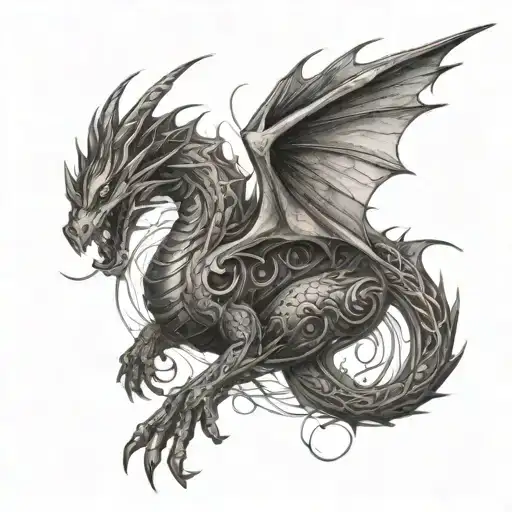Electricity sparking from a dragon's wings and tail tattoo design idea