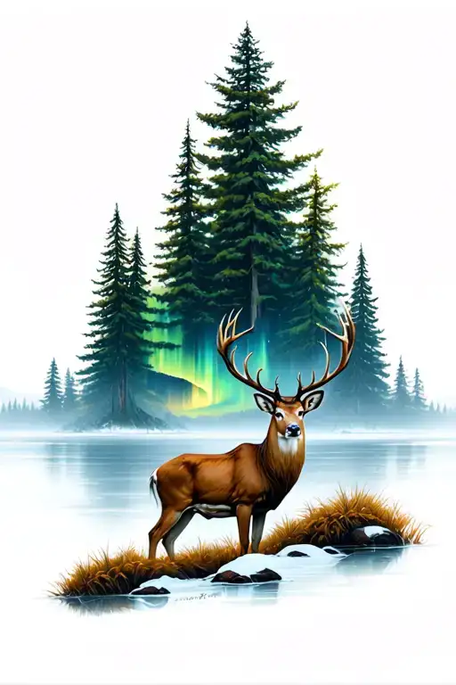 male deer standing at the edge a of lake evergreen trees in the back at night with northern lights tattoo design idea