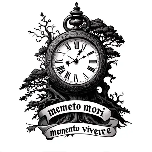 "memento mori memento vivere" memento mori memento vivere with clock and tree growing tattoo design idea