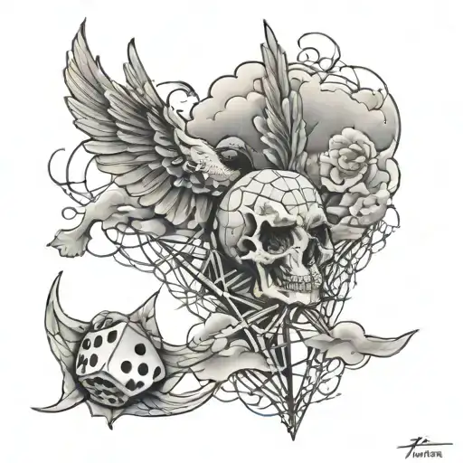 neck sleeve tatto with dice being rolled on spider webs on the left side of the neck and clouds and a dove on the right tattoo design idea