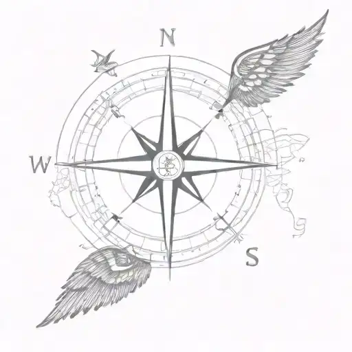 A tattoo with a compass, vintage stamps, rooted tree and wings tattoo design idea