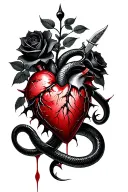 dagger piercing realistic bleeding human heart ensnared by black roses with thorns. Add a coiled Black Mamba tattoo design idea