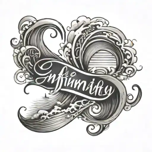 infinity sign wave beach with name written tattoo design idea
