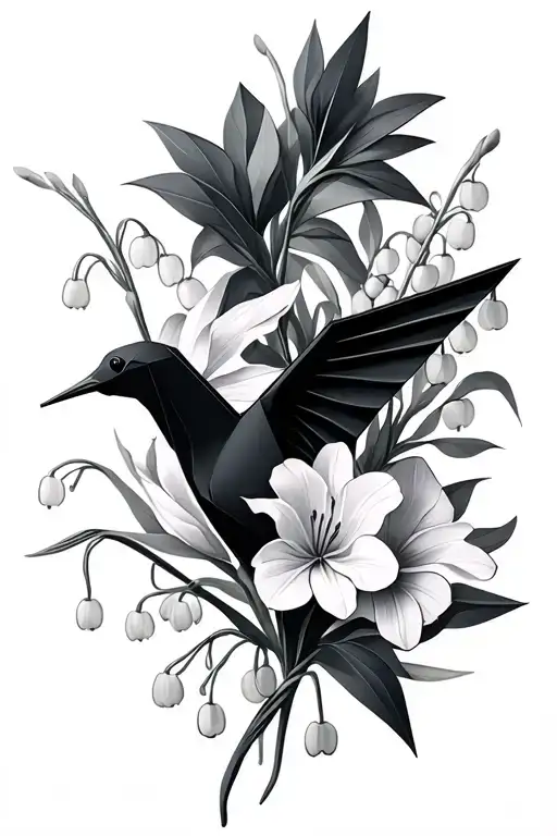 origami paper crane with lily of the valley, gladiolus and marigold flower tattoo design idea