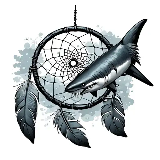 dreamcatcher with three feathers, and a mako shark viewed from above swimming through it tattoo design idea
