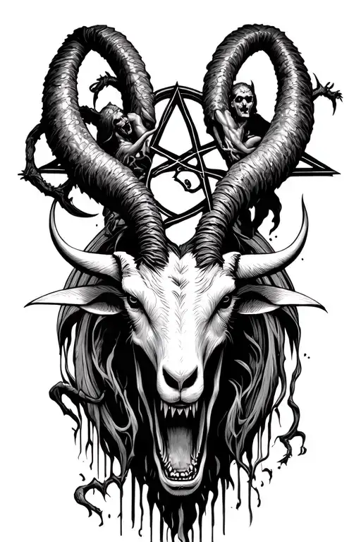 satan pentagram with demon figures around them with their jaws broken open going down with a demon goat head tattoo design idea
