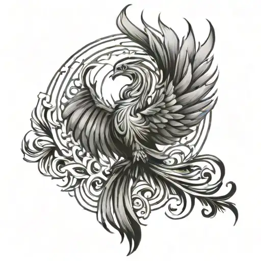 A bold phoenix tattoo design focused on the forearm area, emphasizing strong, thick lines with a striking and powerful a tattoo design idea