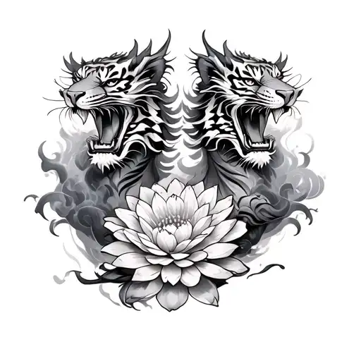 two dragons and a tiger chrysanthemum flowerand smoke asian tattoo design idea