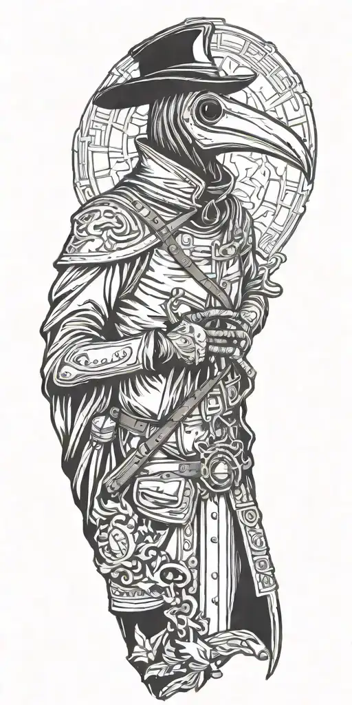 plague doctor with raven and traditional firefighter tattoo design idea