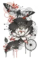 lotus flower, abstract, dragonfly hovering, cherry blossom vines tattoo design idea
