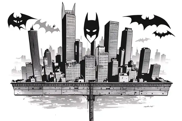 Pittsburgh skyline with Batman perched on a rooftop overlooking the city and the bat signal in the sky tattoo design idea