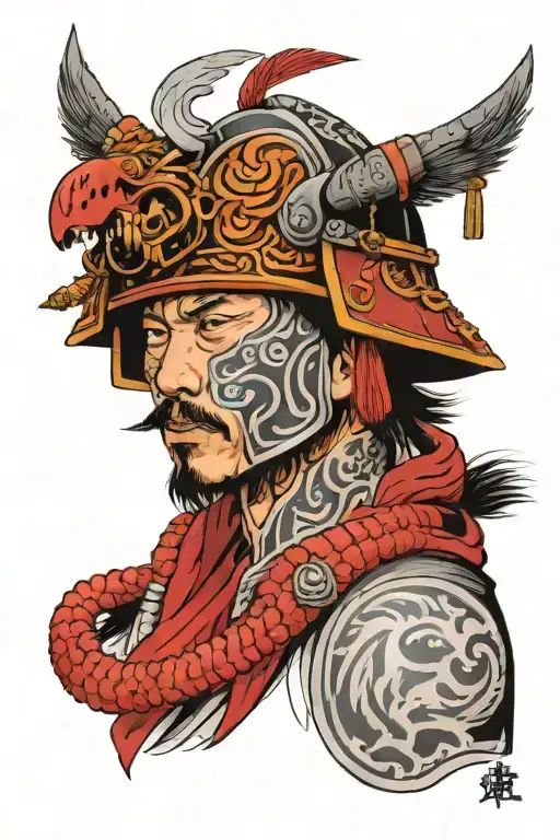 a man who has a face like a gray wolf, wearing a traditional oghuz war iron helmet, show me above shoulder tattoo design idea
