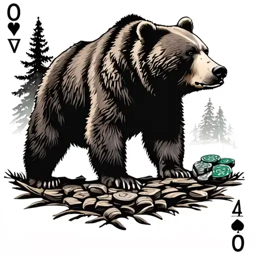 grizzly bear, poker cards, forest scene, marine corps tattoo design idea