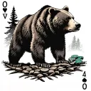 grizzly bear, poker cards, forest scene, marine corps tattoo design idea