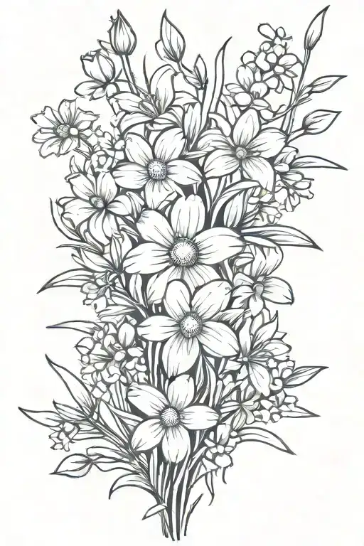 daisies and daffodils with cherry blossoms, snow drops, violets, greenery stems bouquet  tattoo design idea