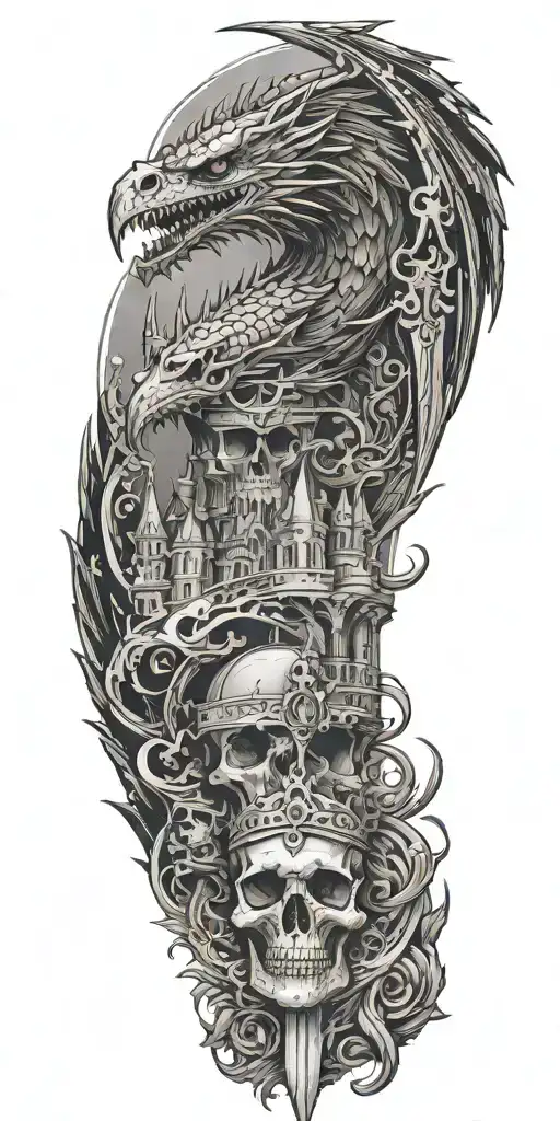 fantasy sleeve including a large dragon; gothic castle, raven perched on a skull. sword and crown tattoo design idea
