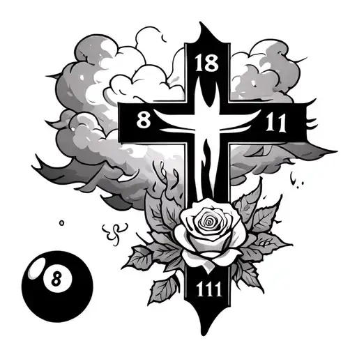 clouds surrounding cross, with heaven falling into hell, gambling, 8ball, roses, fire, and the number 1111 sleeve tattoo tattoo design idea