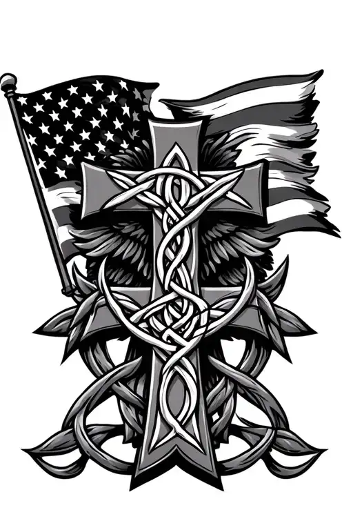 "FREEDOM" flag waving, celtic cross intertwined tattoo design idea