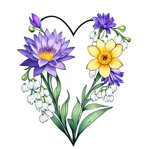  violet, daffodil, daisy, lily of the valley, water lily, Chrysanthemum creating a heart, nothing in the middle tattoo design idea