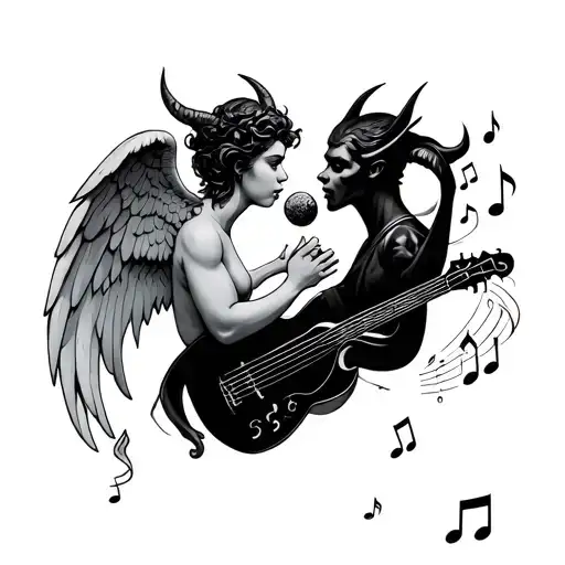 angel and devil blowing music notes tattoo design idea