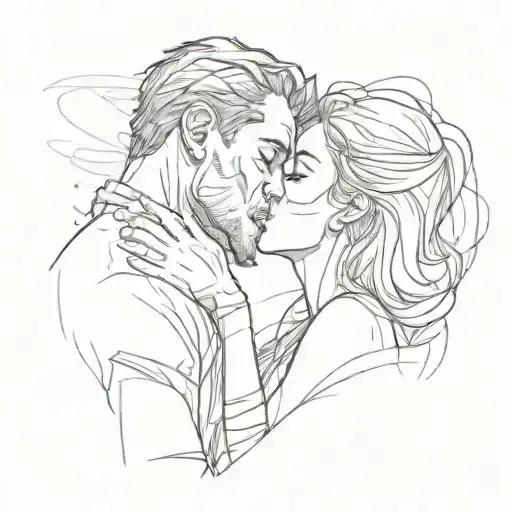 Depict a man and woman in a kissing pose, conveying warmth but also sadness. For instance, the woman could have her eyes tattoo design idea