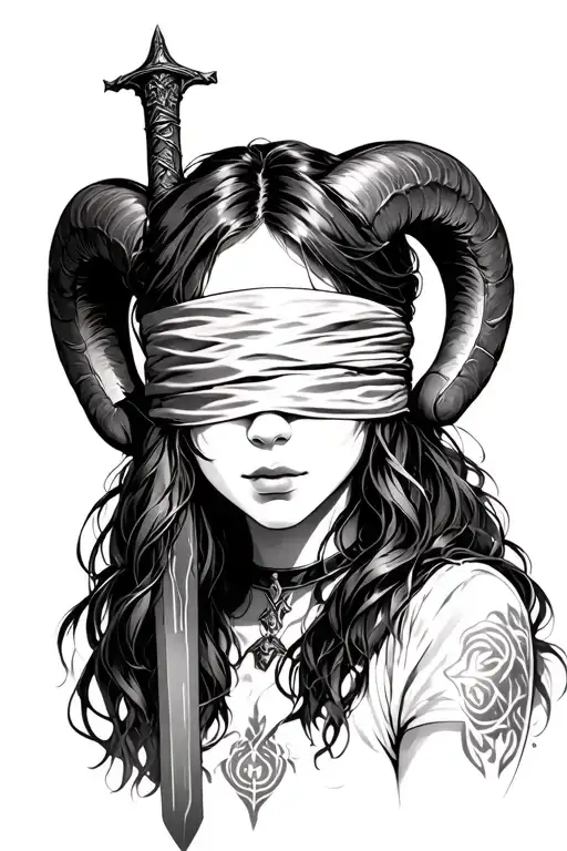 Girl with blindfolded eyes, long hair with a sword, displaying the character of Aries tattoo design idea