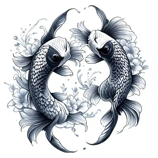 2 koi fish with wavy lines and flowers tattoo design idea