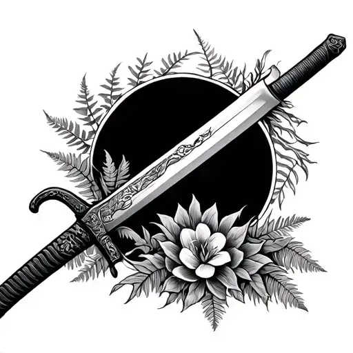 samurai sword in the ground entwined with ferns and flowers tattoo design idea