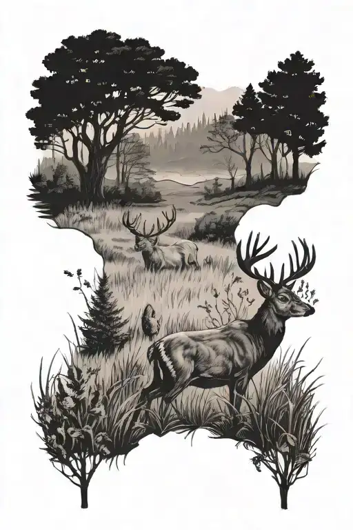 field overlooking woods with a buck and doe   tattoo design idea