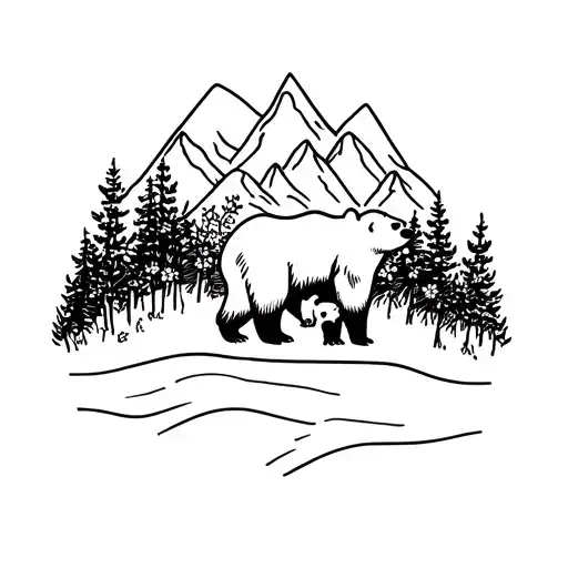 mountain range with trees, mamma and baby bear outline with sweetpea flowers in the mamma bear  tattoo design idea