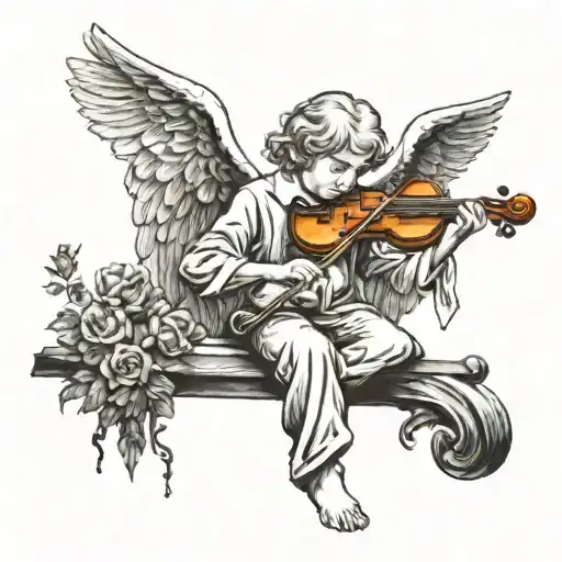 sad angel playing violin standing tattoo design idea