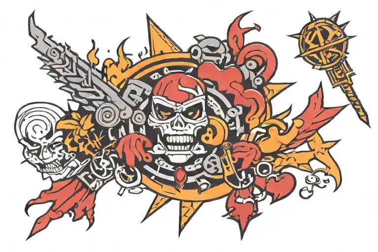 assorted tattoos on one page, random designs, modern urban flare, heavy and or thin line work, 90's cartoon style, flash tattoo design idea