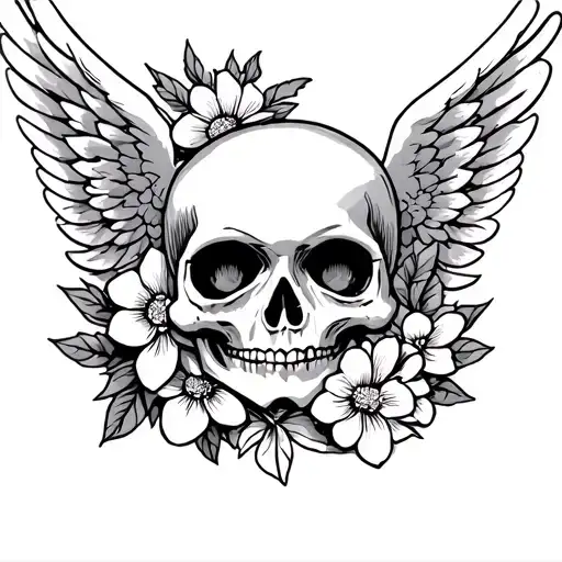 cartoon skull angel with flowers intertwined tattoo design idea
