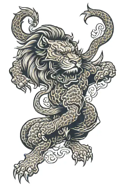 lion with taipan instead of a tail opposing evil in darkness tattoo design idea