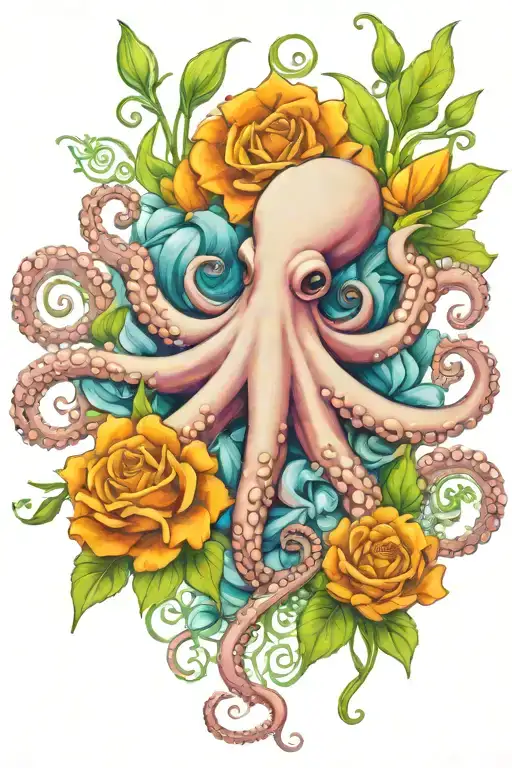 octopus, snowdrop, rose,  marigold flower tattoo design idea