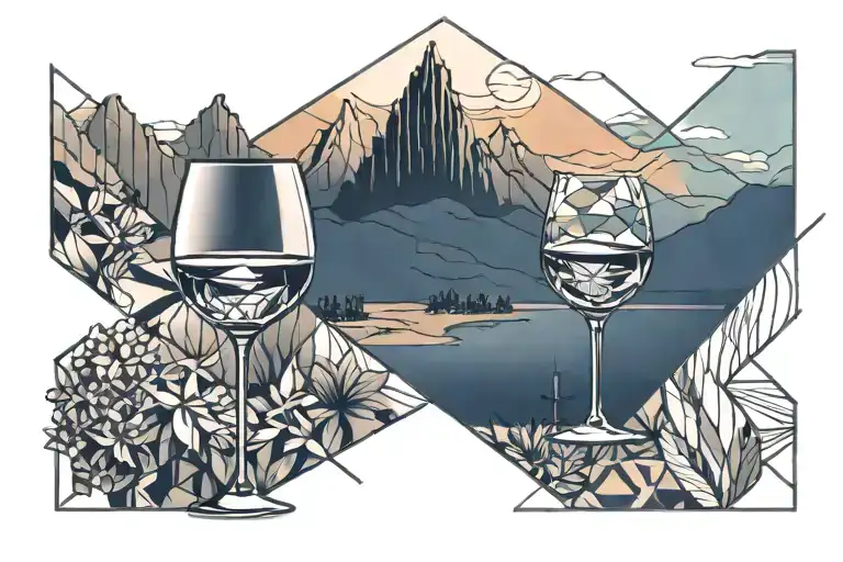 A geometric-style tattoo of a wine glass with a view of the sea and mountains in a Mediterranean style inside tattoo design idea