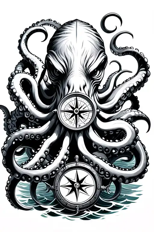 angry kracken octopus in ocean with nautical compass in middle with tentacles out wide with waves tattoo design idea