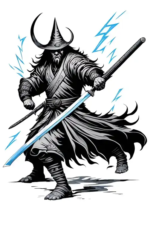 samurai wizard with katana and lightning bolts tattoo design idea