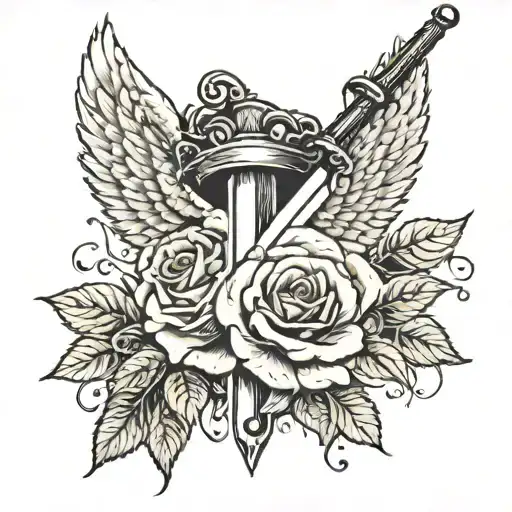 angel wings behind a sword, roses growing tattoo design idea