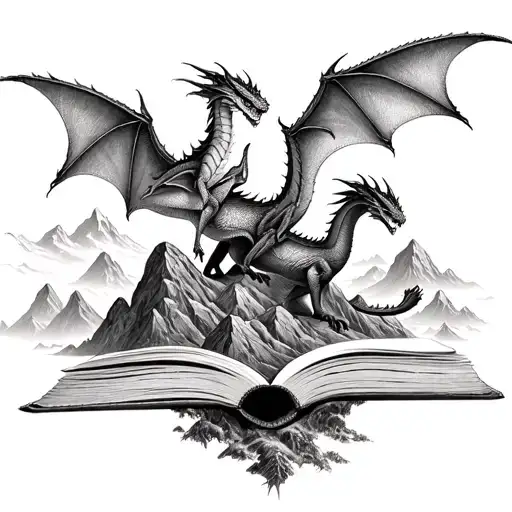 book with mountains and dragons flying tattoo design idea