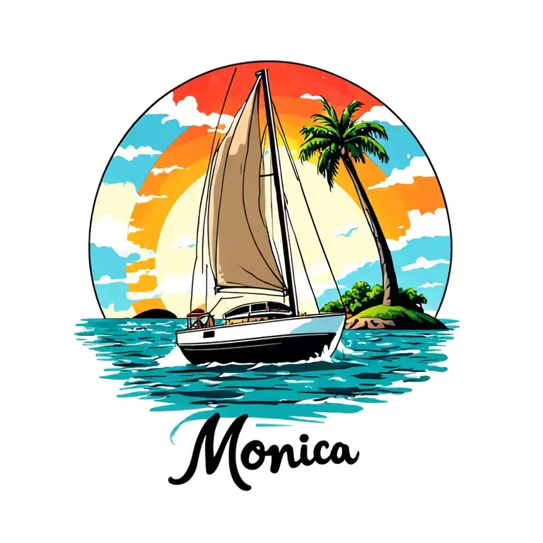 "Monica" "Monica" "Monica" "Monica" "Monica" white sailboat in foreground, background sunrise sky, small island in far background  plam vibrant colors no borders  tattoo design idea