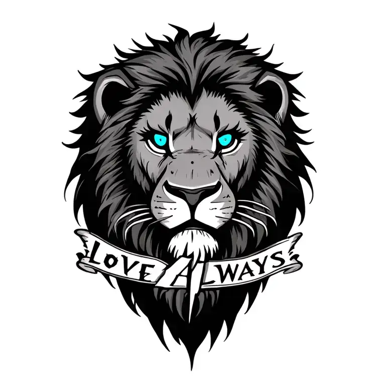 scary Lion with blue eyes and the words love always and a cross  tattoo design idea